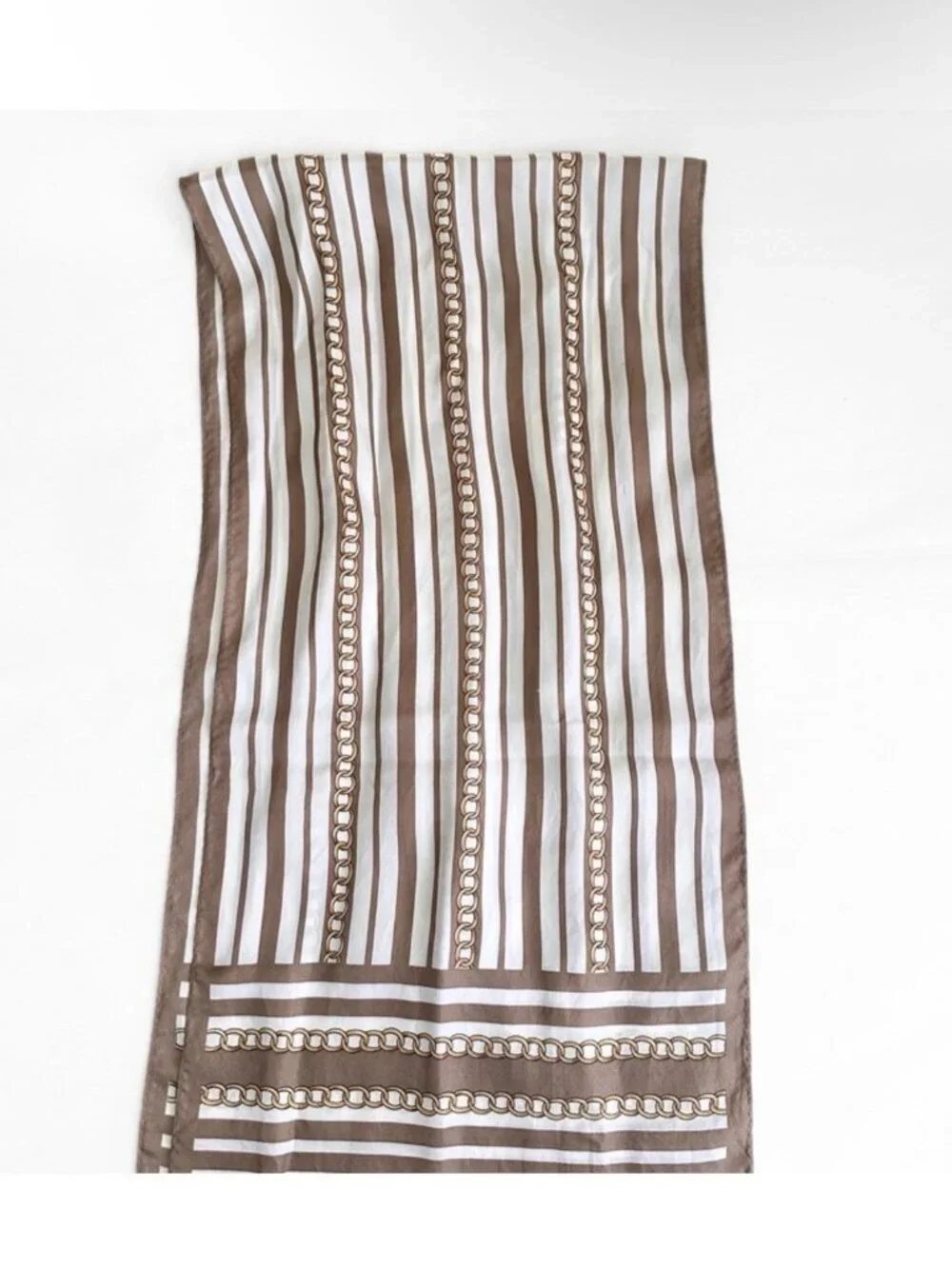 Oscar de la Renta Silk Chain Scarf Rectangle 54X11 Beige Brown Gold Designer